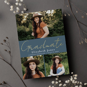 Blue Script Foil Graduation Photo Announcement