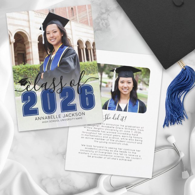 Blue Script Graduate Photo Graduation Announcement (Simple Blue Script Graduate Photo Graduation Announcement)