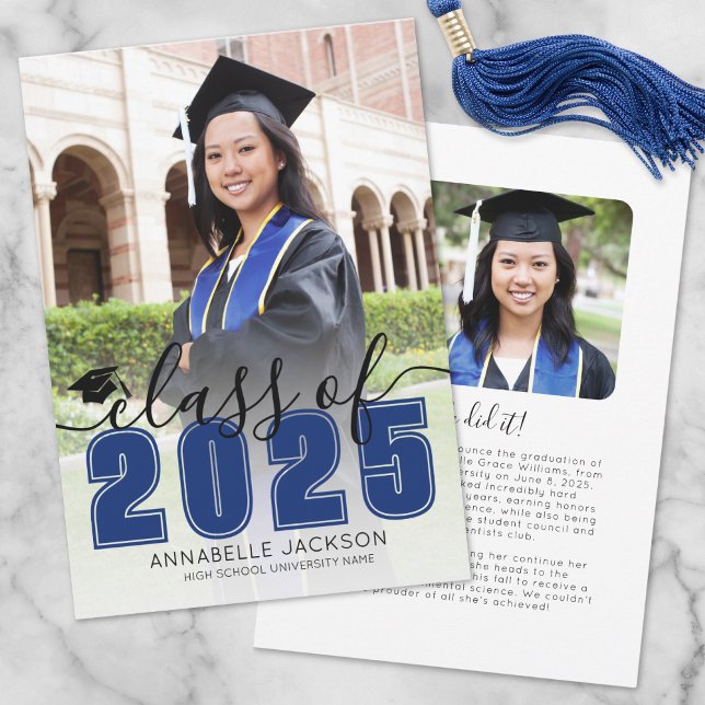 Blue Script Graduate Photo Graduation Announcement (Simple Blue Script Graduate Photo Graduation Announcement)