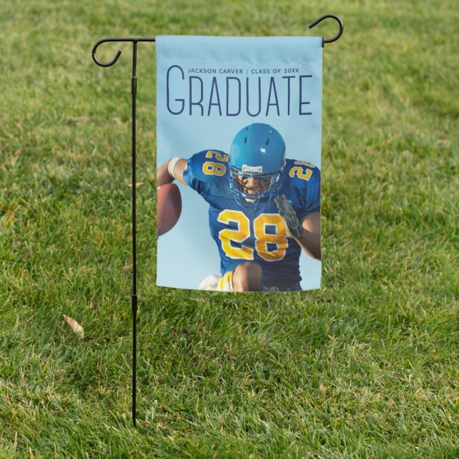 Blue Script Graduate Photo Sporty Graduation Party Garden Flag (In SItu)
