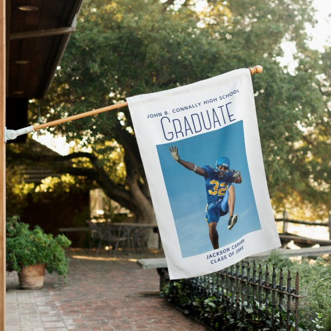 Blue Script Graduate Photo Sporty Graduation Party House Flag (In SItu)
