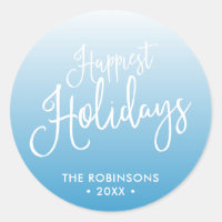 Blue Script Happiest Holidays Holiday Classic Round Sticker
