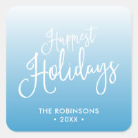Blue Script Happiest Holidays Holiday Square Sticker