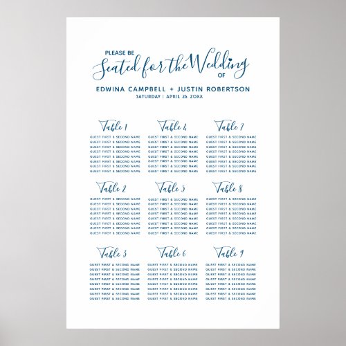 Blue script heart art wedding table plan poster