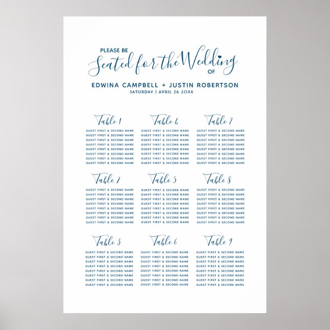 Blue script heart art wedding table plan poster (Front)