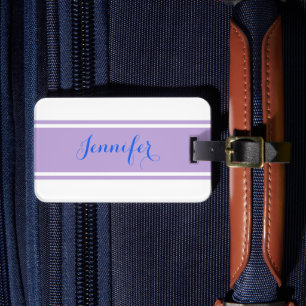 Blue Script Name, Lavender Stripes on White Luggage Tag