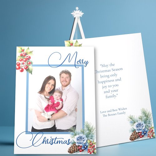 Blue Script on White  Berries Christmas Greeting Holiday Card