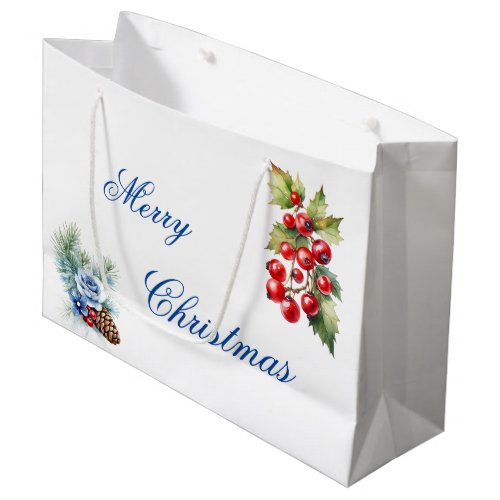 Blue Script on White Holly Berries Merry Christmas Large Gift Bag