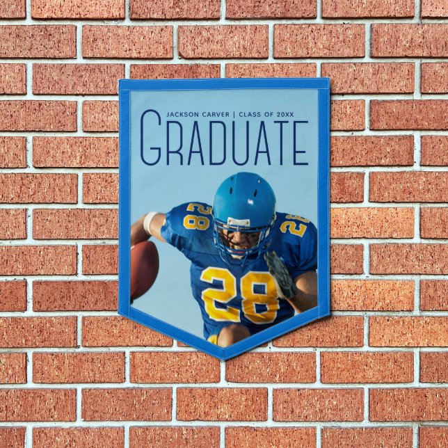 Blue Script Overlay Graduate Athlete Photo Custom Pennant (Insitu 1)