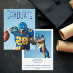 Blue Script Overlay Graduate Photo Football Player Announcement<br><div class="desc">Graduate written in tall blue typography over your senior portrait photo makes a simple graduation announcement card for a football player on a sports team. Customize with your name and high school or university class of 2026 and add your personal details on the back of these minimalist text overlay graduate...</div>