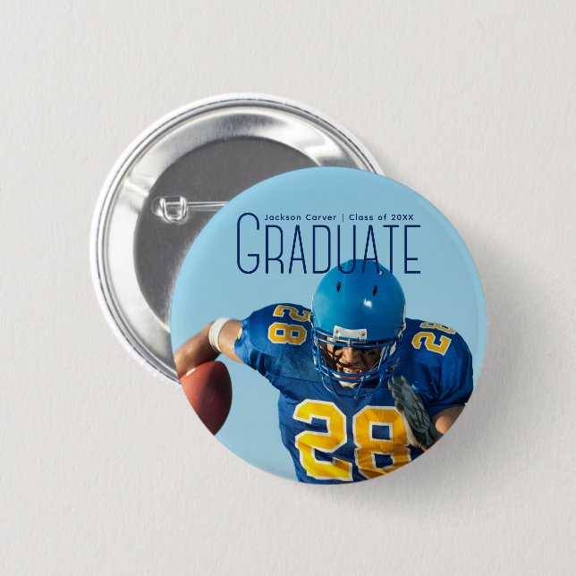 Blue Script Overlay Graduate Photo Football Player Button (Front & Back)