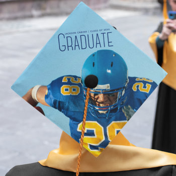 Blue Script Overlay Graduate Photo Football Player Graduation Cap Topper by epicdesigns at Zazzle