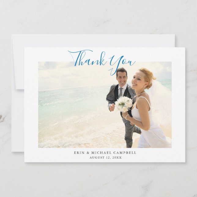 Blue Script Photo Beach Wedding Thank You Card (Front)