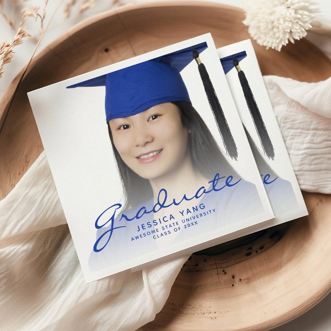 Blue Script Photo Graduation Party Napkins (Creator Uploaded)