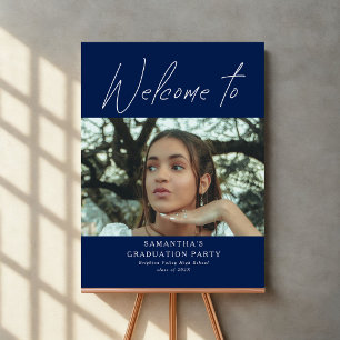 Blue Script Photo Graduation Party Welcome Sign