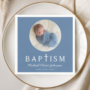 Blue Script Religious Cross Baptism Photo Napkins
