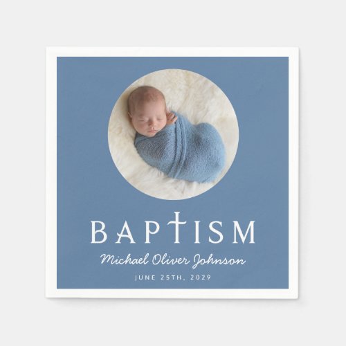 Blue Script Religious Cross Baptism Photo Napkins