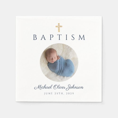 Blue Script Religious Cross Boy Baptism Photo  Napkins