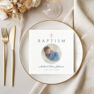 Blue Script Religious Cross Boy Baptism Photo Napkins