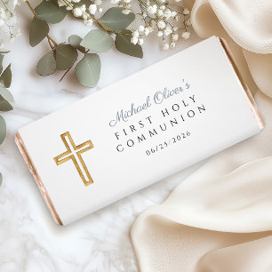 Blue Script Religious Cross Boy First Communion Hershey Bar Favors