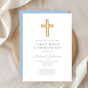 Blue Script Religious Cross Boy First Communion Invitation