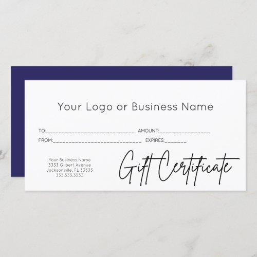 Blue Script Your Logo Business Gift Certificate