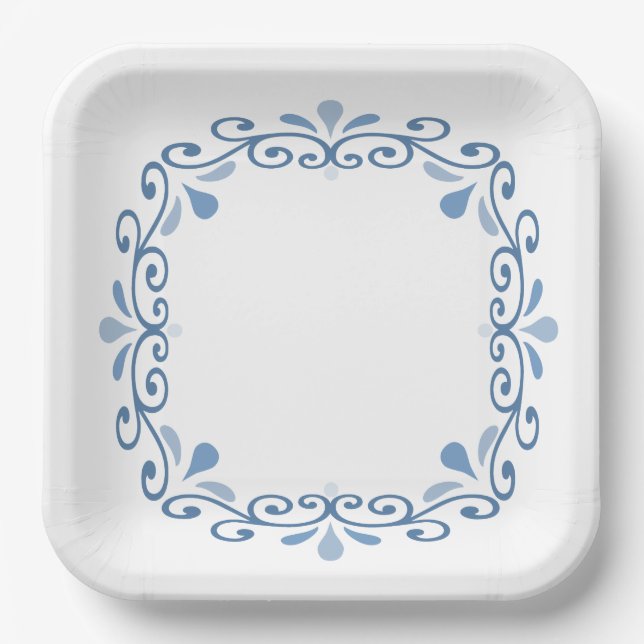 Blue scroll border paper plates (Front)