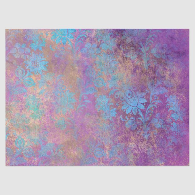 Blue Scroll Work Flowers on Purple Decoupage Tissue Paper (Front)