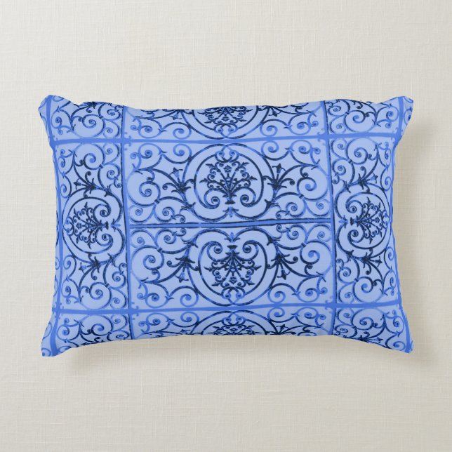 Blue scrollwork pattern accent pillow (Front)