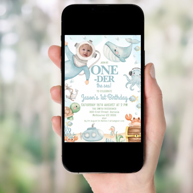 Blue Scuba Diver Onerder the Sea 1st Birthday  Invitation (Front Digital)