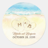 Beach Wedding Monogram Hearts in the Sand Classic Round Sticker