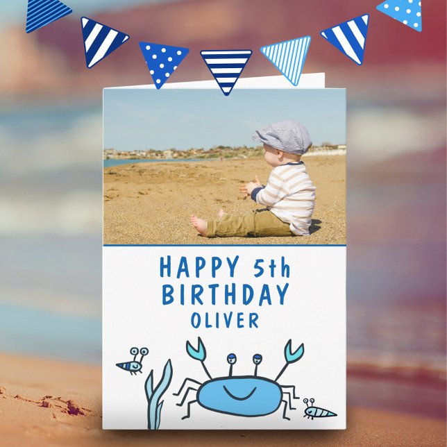 Blue Sea Animals Crab Shell Boy Birthday Photo  Ca Card (Creator Uploaded)