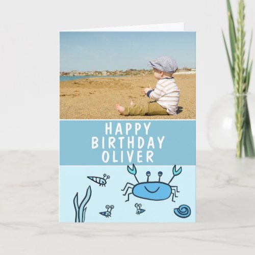 Blue Sea Animals Crab Shell Boy Birthday Photo Card