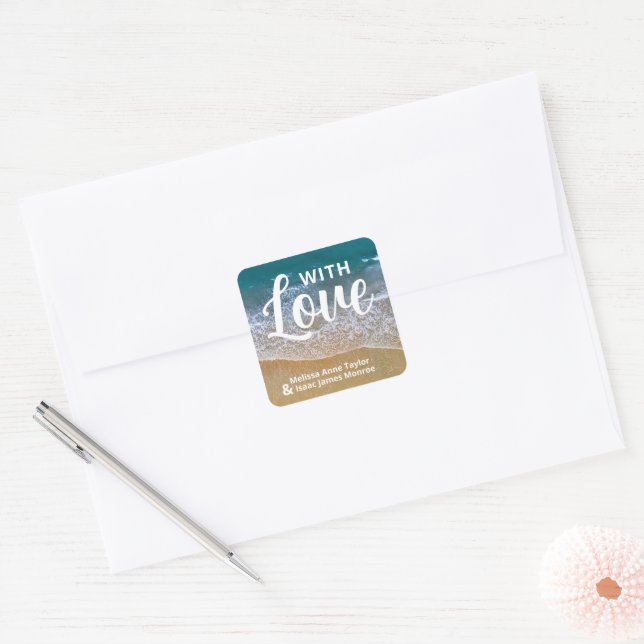 Blue Sea Beach Wedding Favor Square Sticker (Envelope)