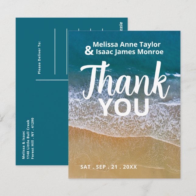Blue Sea Beach Wedding Thank You Postcard (Front/Back)