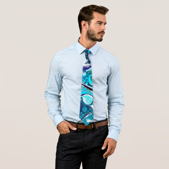 Blue Sea Bubbles Abstract Art Neck Tie (In Situ)