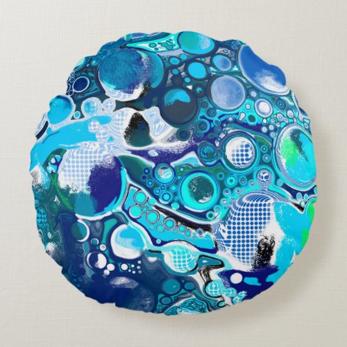 Blue Sea Bubbles Abstract Art Round Pillow
