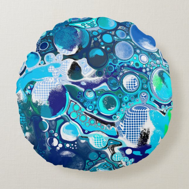 Blue Sea Bubbles Abstract Art Round Pillow (Front)