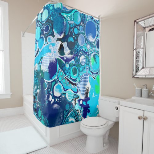 Blue Sea Bubbles Abstract Art Shower Curtain