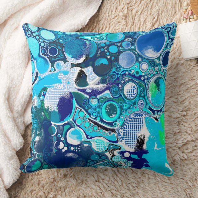 Blue Sea Bubbles Abstract Art Throw Pillow (Blanket)