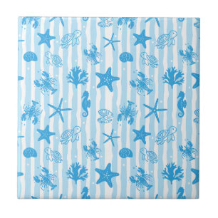 Blue Sea Creatures Nautical Doodle Pattern Ceramic Tile