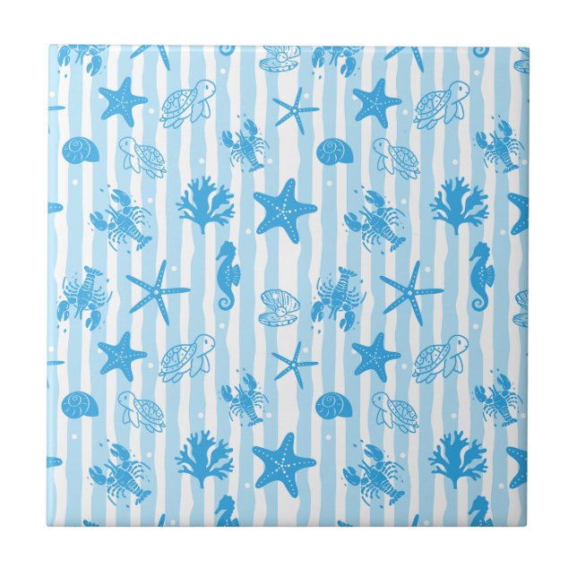 Blue Sea Creatures Nautical Doodle Pattern Ceramic Tile (Front)