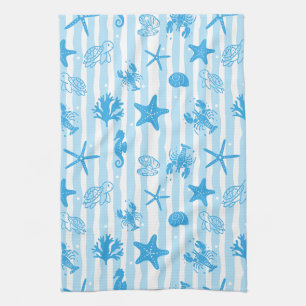Blue Sea Creatures Nautical Doodle Pattern Kitchen Towel