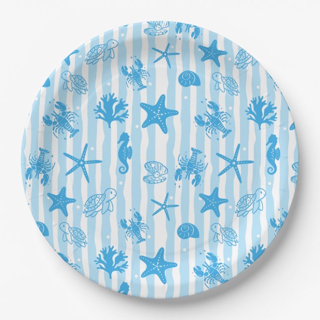 Blue Sea Creatures Nautical Doodle Pattern Paper Plates (Front)