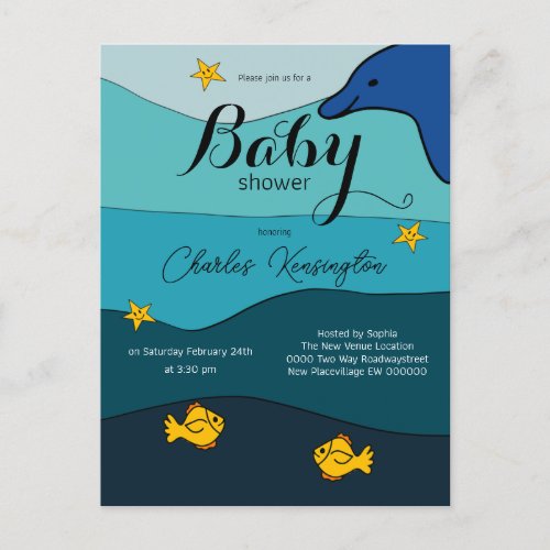 Blue sea dolphin fish water Baby Shower Invitation