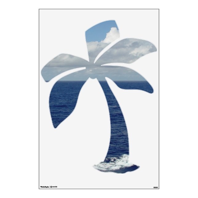 Blue Sea Fluffy Clouds Palm Tree Wall Decal (Front)