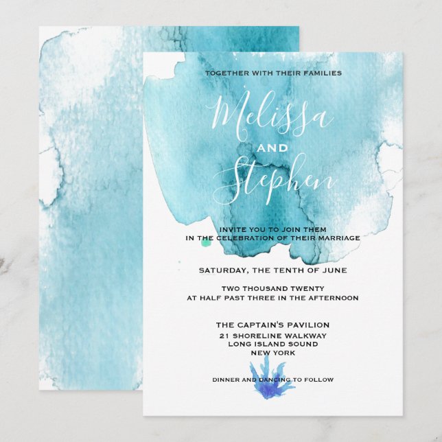 Blue Sea Foam Watercolor Beach Wedding Invitation (Front/Back)