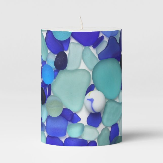 Blue Sea Glass and Sea Marbles Pillar Candle (Front)