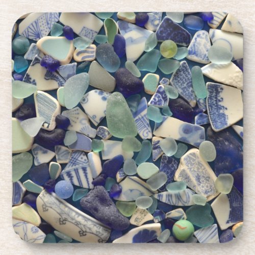 Blue sea glass beach glass pottery photo coasters
