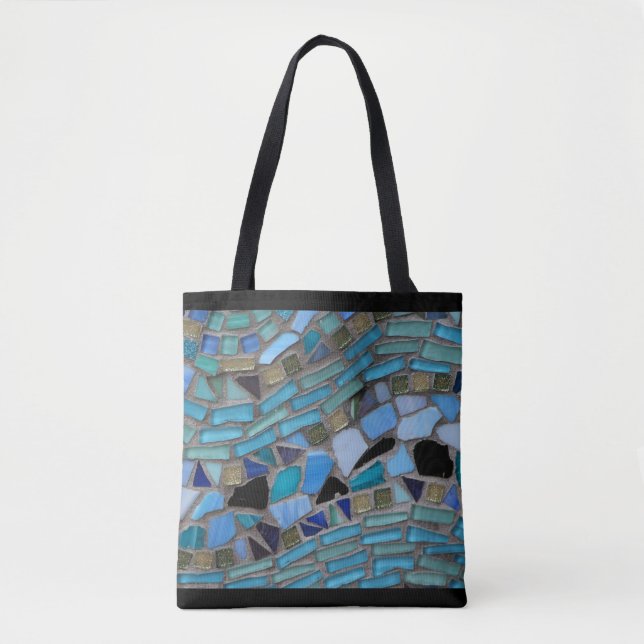 Blue Sea Glass Mosaic Black Tote Bag (Front)